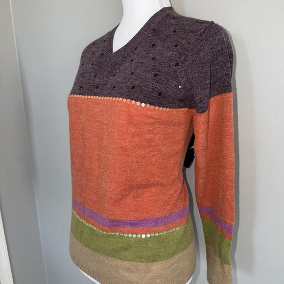 VTG Caribbean Pacific Womans V-neck Sweater Sz S Wool Blend Sequins Autumn Color - Picture 3 of 8